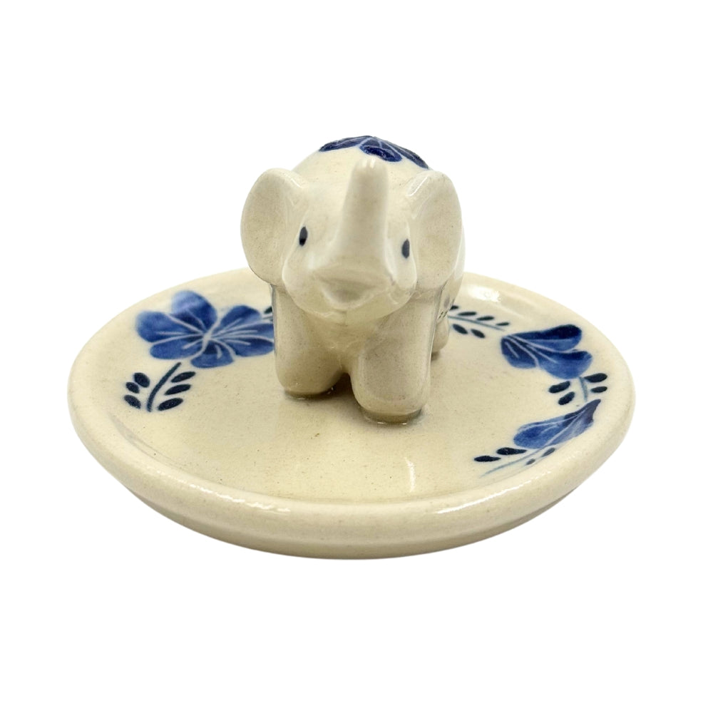 Elephant Floral on Round Ceramic Incense Holder - Blue