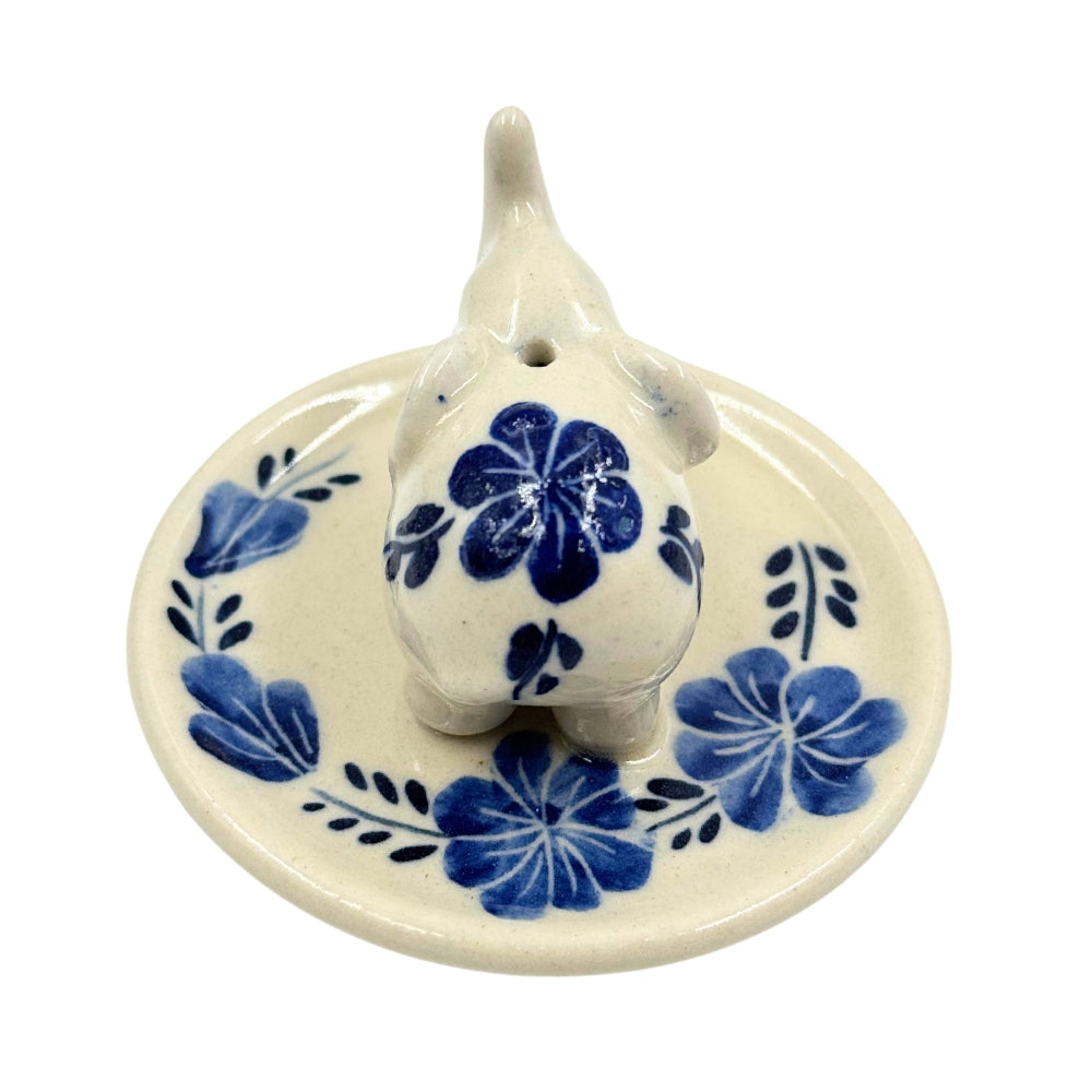Elephant Floral on Round Ceramic Incense Holder - Blue