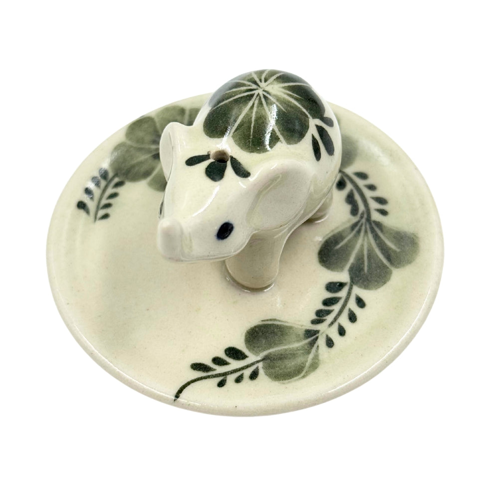 Elephant Floral on Round Ceramic Incense Holder - Green
