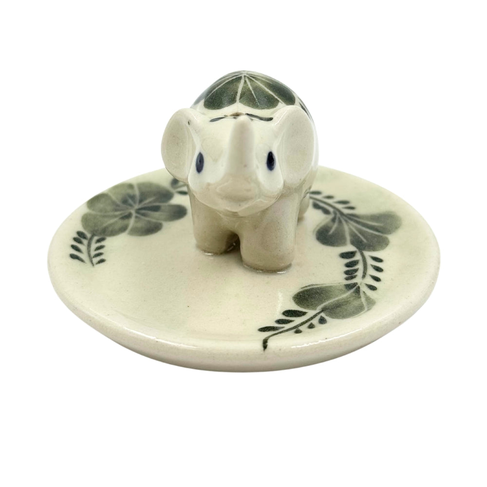 Elephant Floral on Round Ceramic Incense Holder - Green