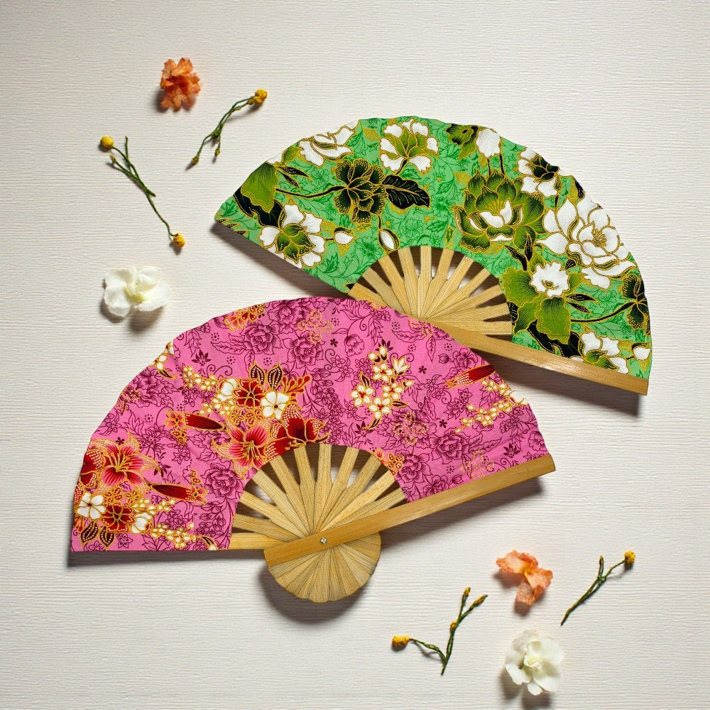 Floral Fabric Wooden Folding Fan - Surprise Color