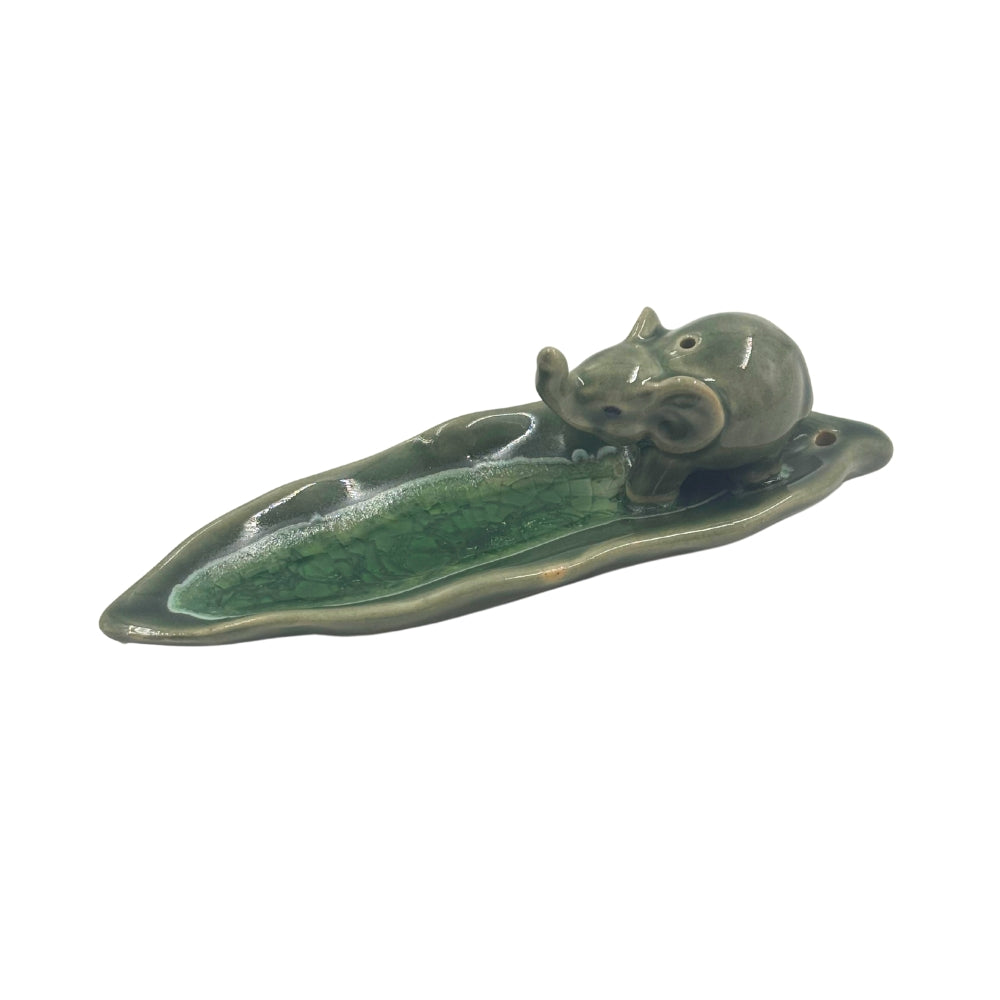Elephant Long Leaf Ceramic Incense Holder – Green