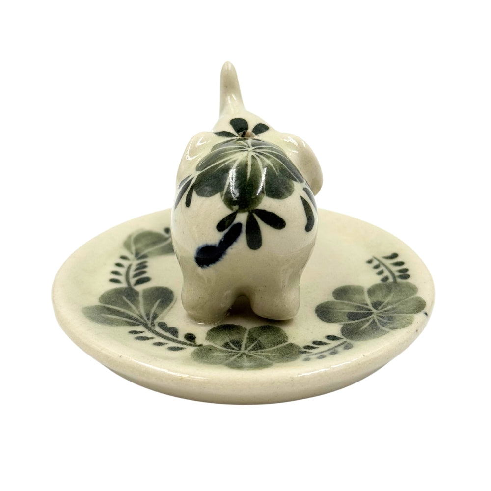 Elephant Floral on Round Ceramic Incense Holder - Green